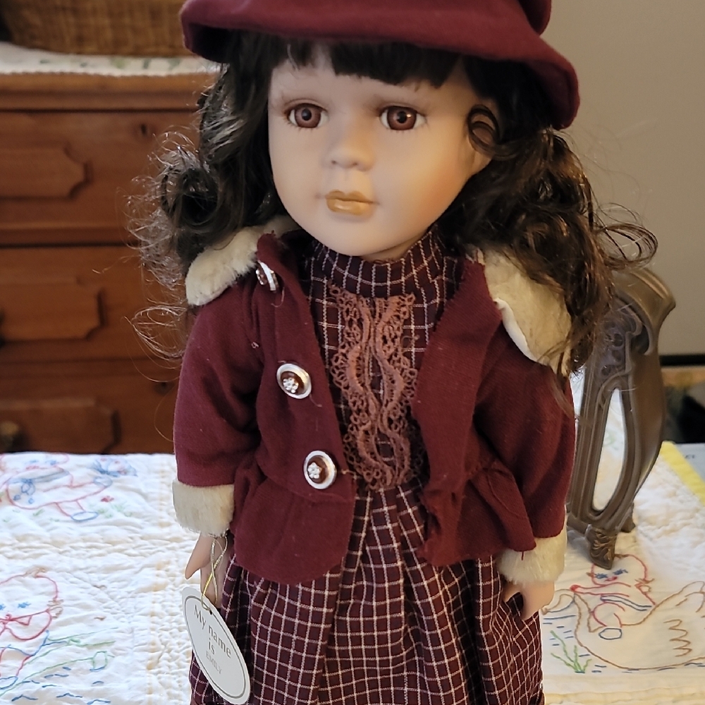 Elegant Handmade Porcelain Doll with Burgandy Hat and Coat